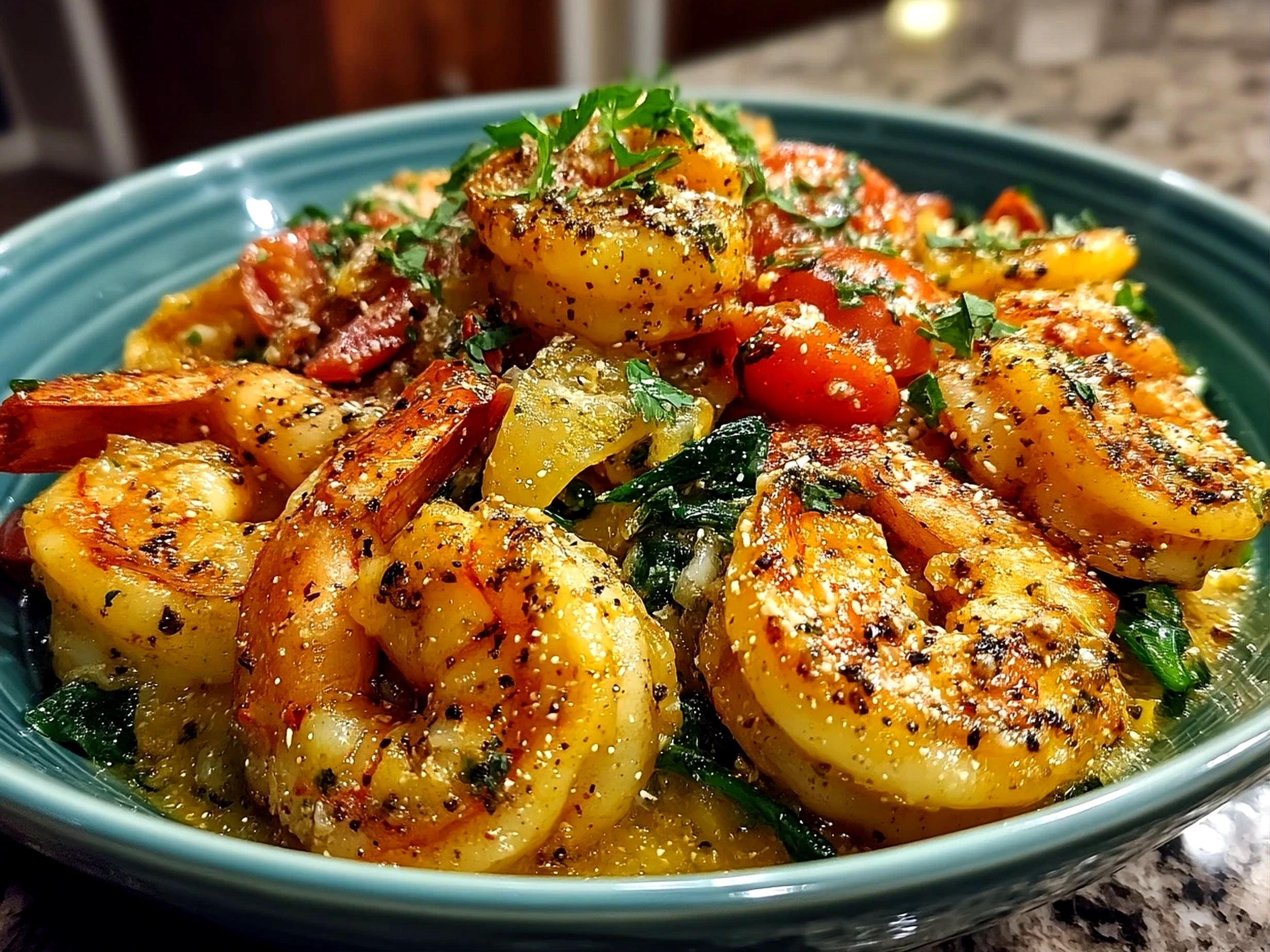 Close-up of finished Shrimp Scampi Nourish Bowl with juicy shrimp and fresh greens