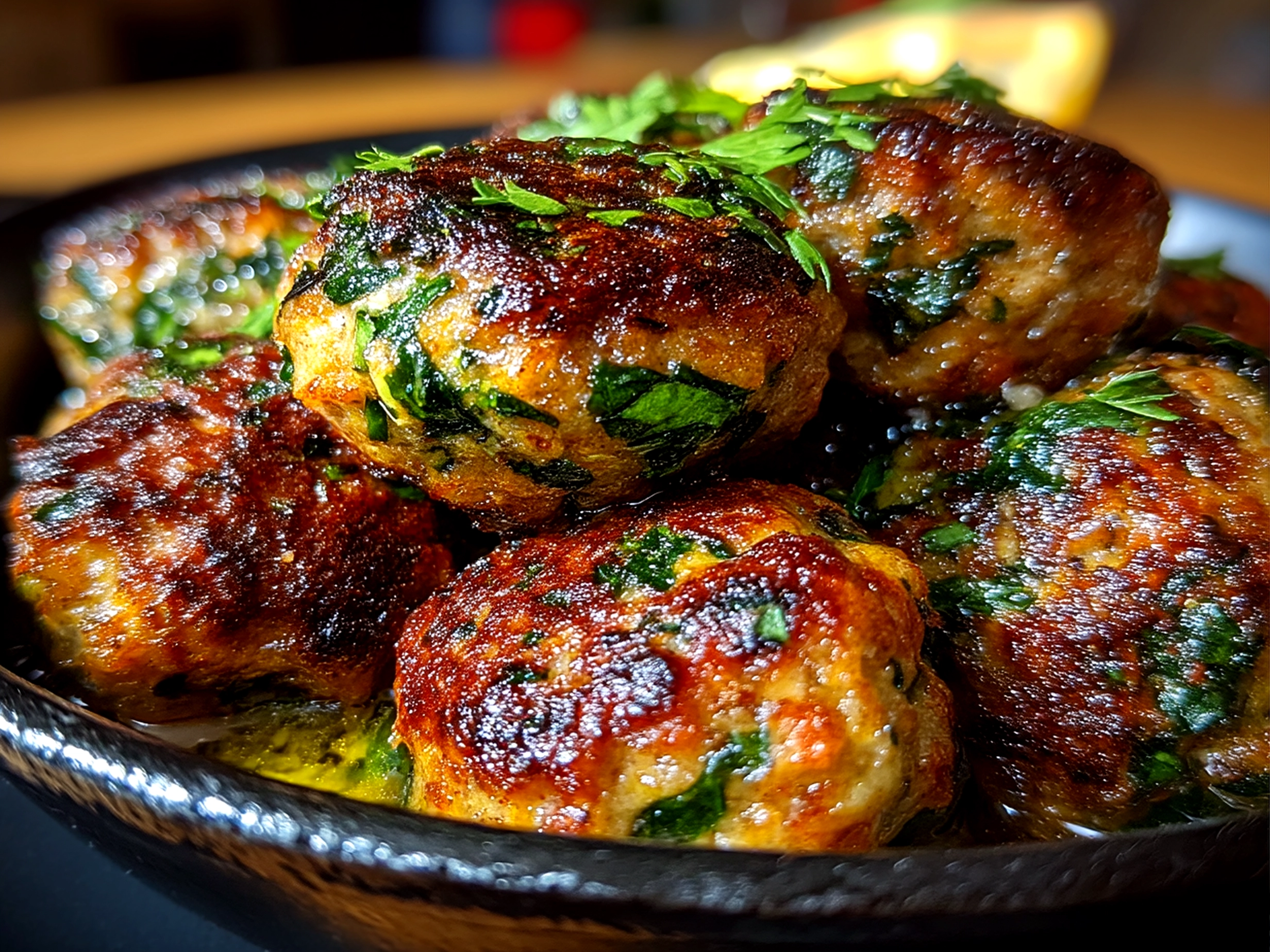 Close-up of finished baked Spinach Garlic Meatballs with a golden crust