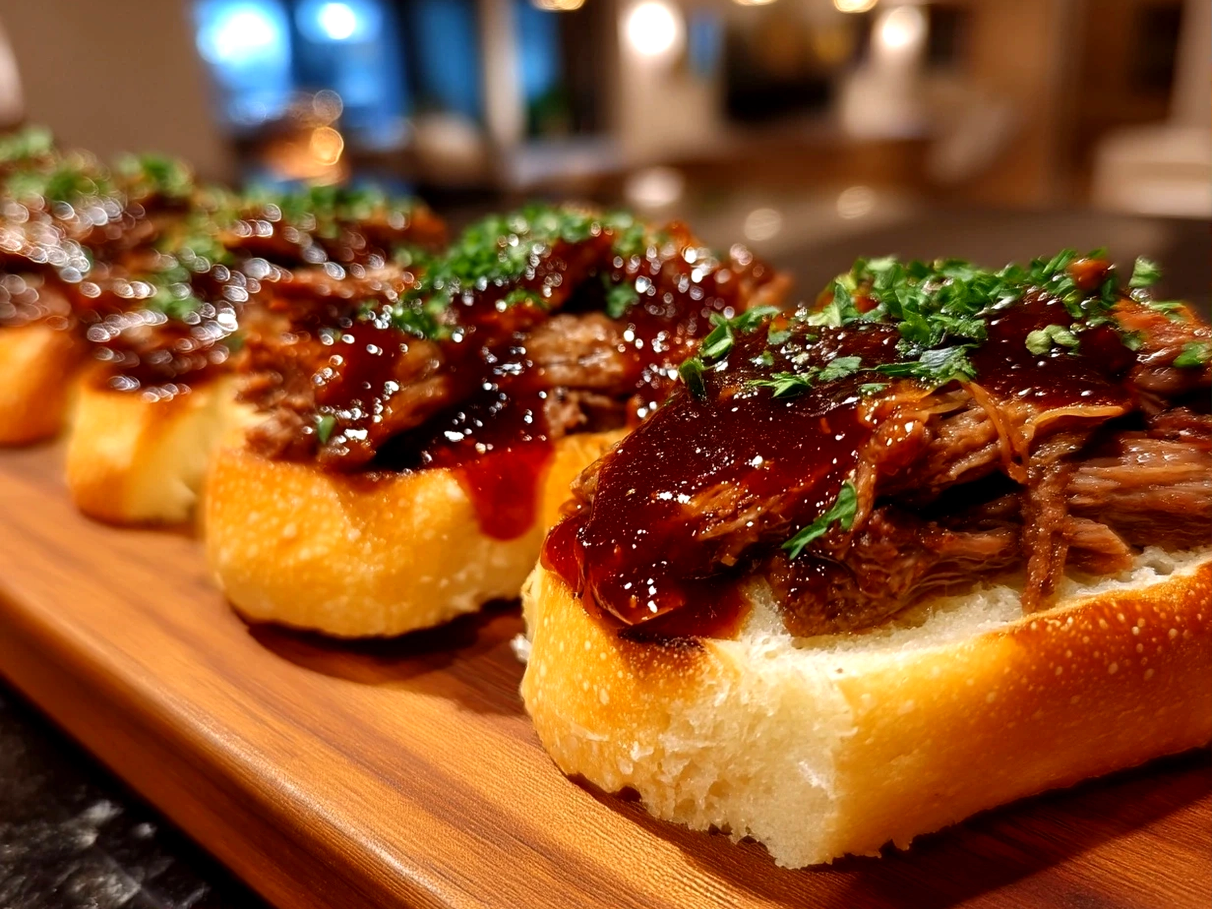 Close-up of finished BBQ Brisket Melts sandwich with melted cheese and crispy grilled bread
