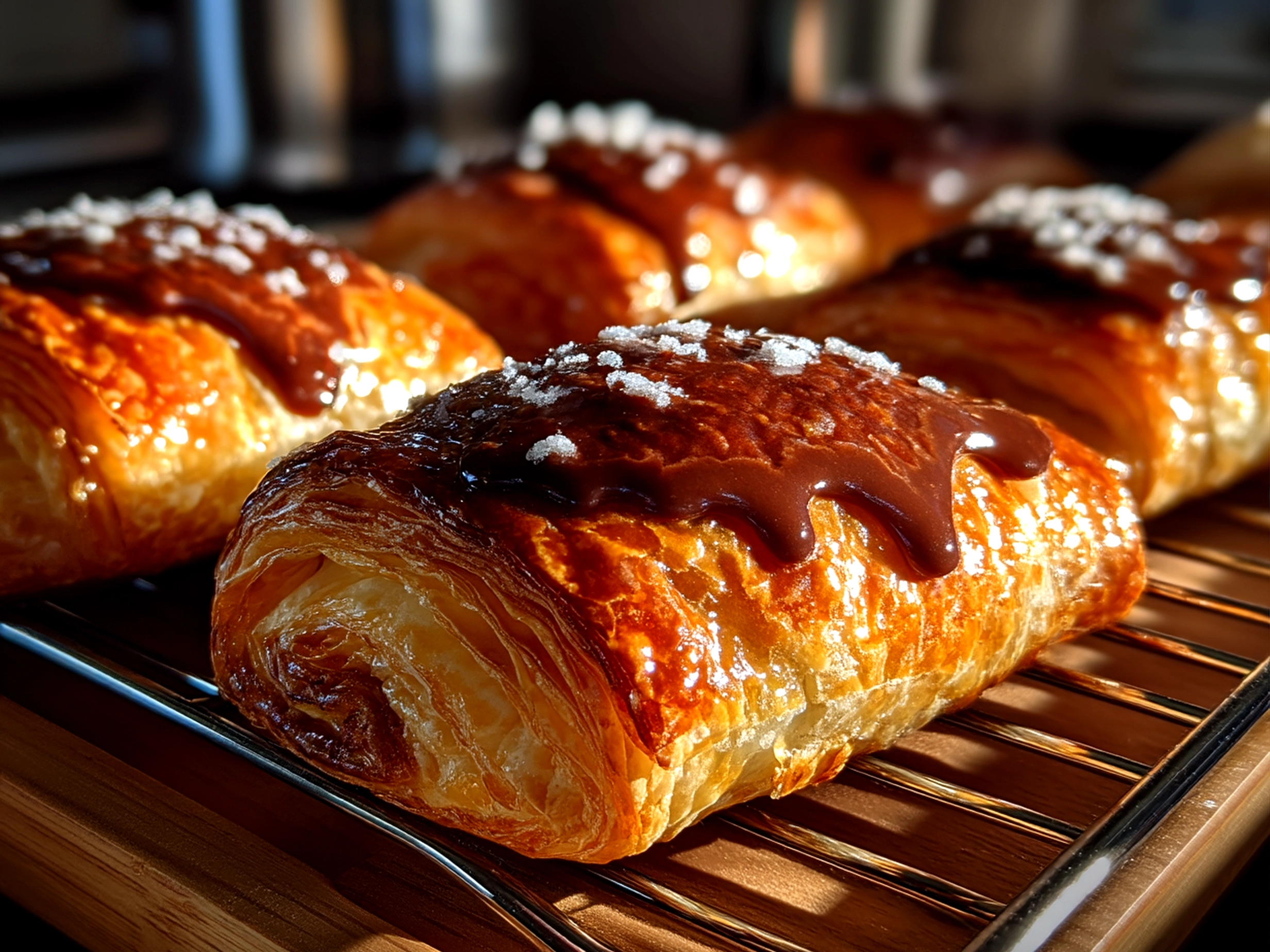 Slight angle close-up of finished chocolate puff pastry showing flaky layers and melted chocolate