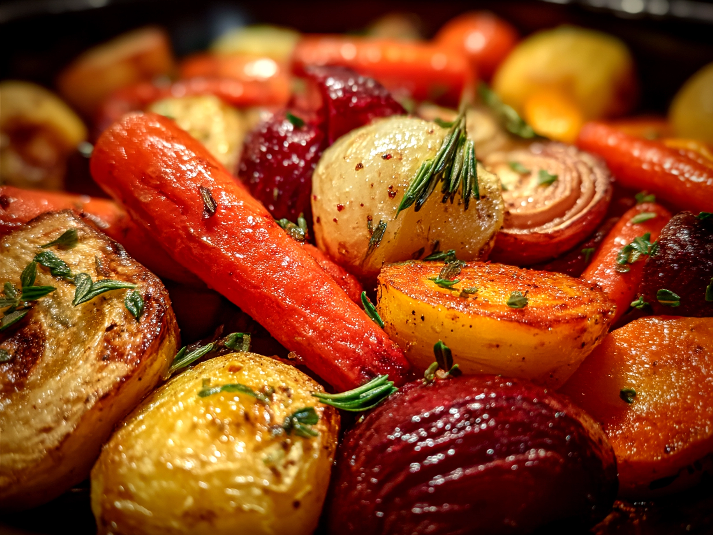 Serving dish of Slow Cooker Roasted Fall Vegetables garnished and ready to eat