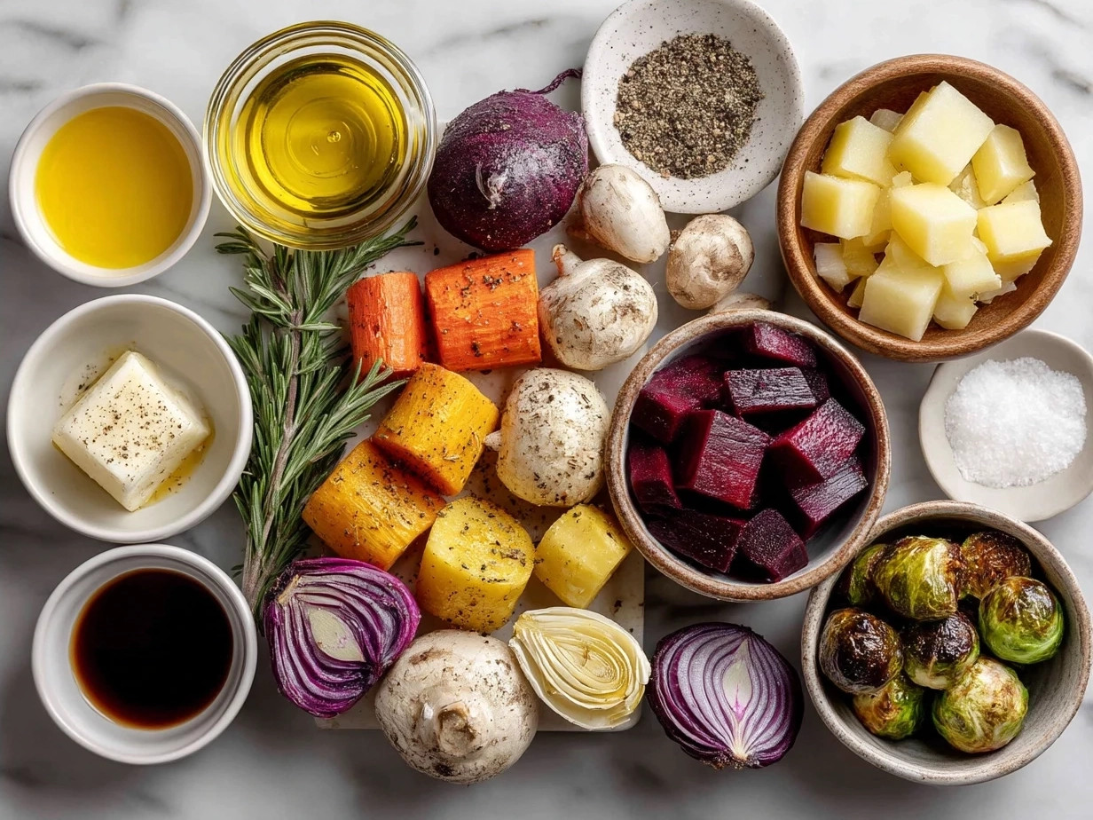 Ingredients for Slow Cooker Roasted Fall Vegetables arranged on a wooden table