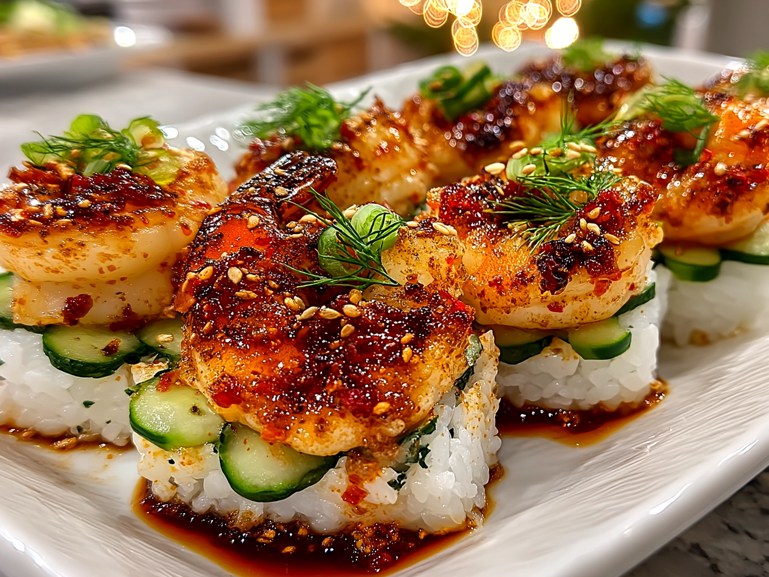 Finished Spicy Shrimp Sushi Stacks served with fresh ingredients and garnishes