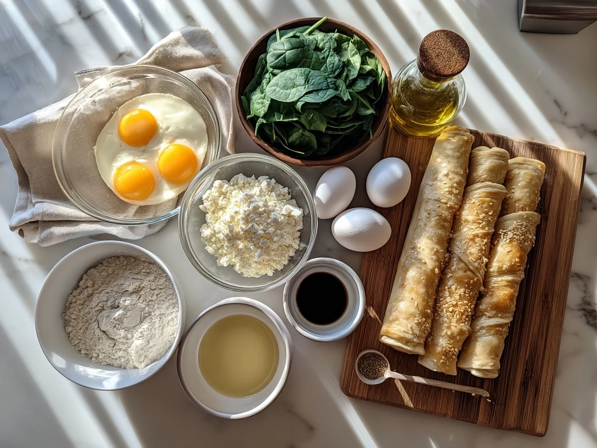Ingredients laid out for Spinach and Feta Puff Pastry Twists