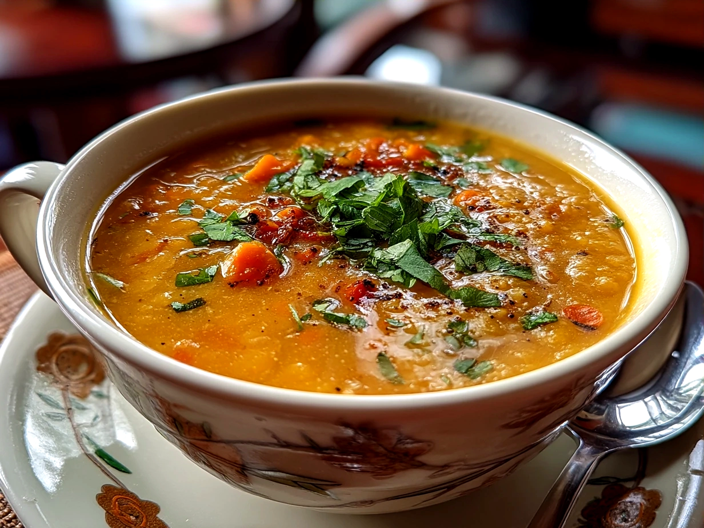 Bowl of Thai Coconut Red Lentil Soup garnished with fresh herbs and a wedge of lime