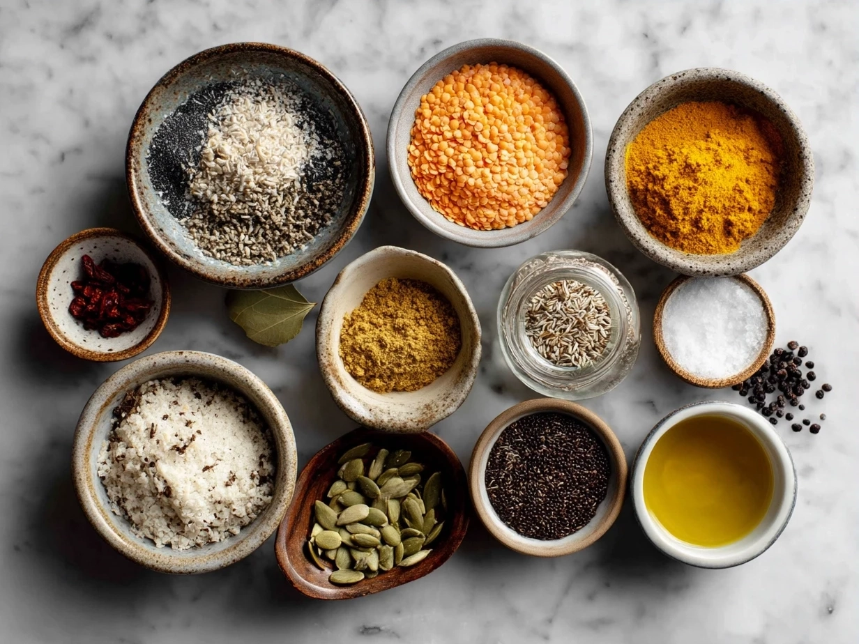 Ingredients for Thai Coconut Red Lentil Soup laid out on a wooden table