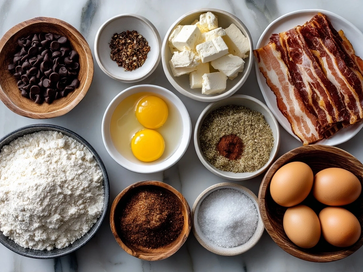 Raw ingredients for Bacon Wrapped Grilled Cheese Fingers on marble: bacon, bread, shredded cheddar cheese, and butter
