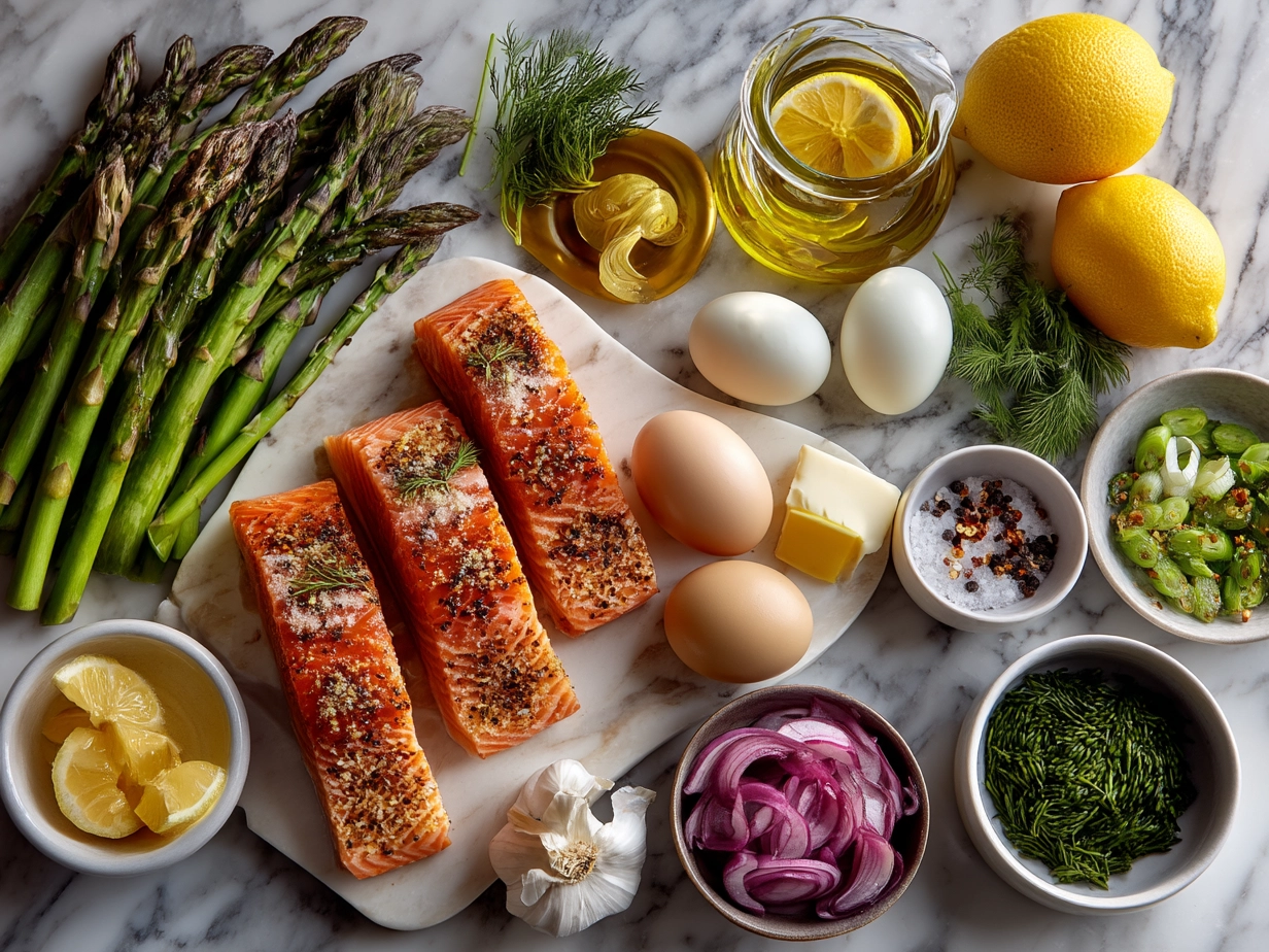 Top-down view of raw ingredients for Bang Bang Salmon arranged on marble surface