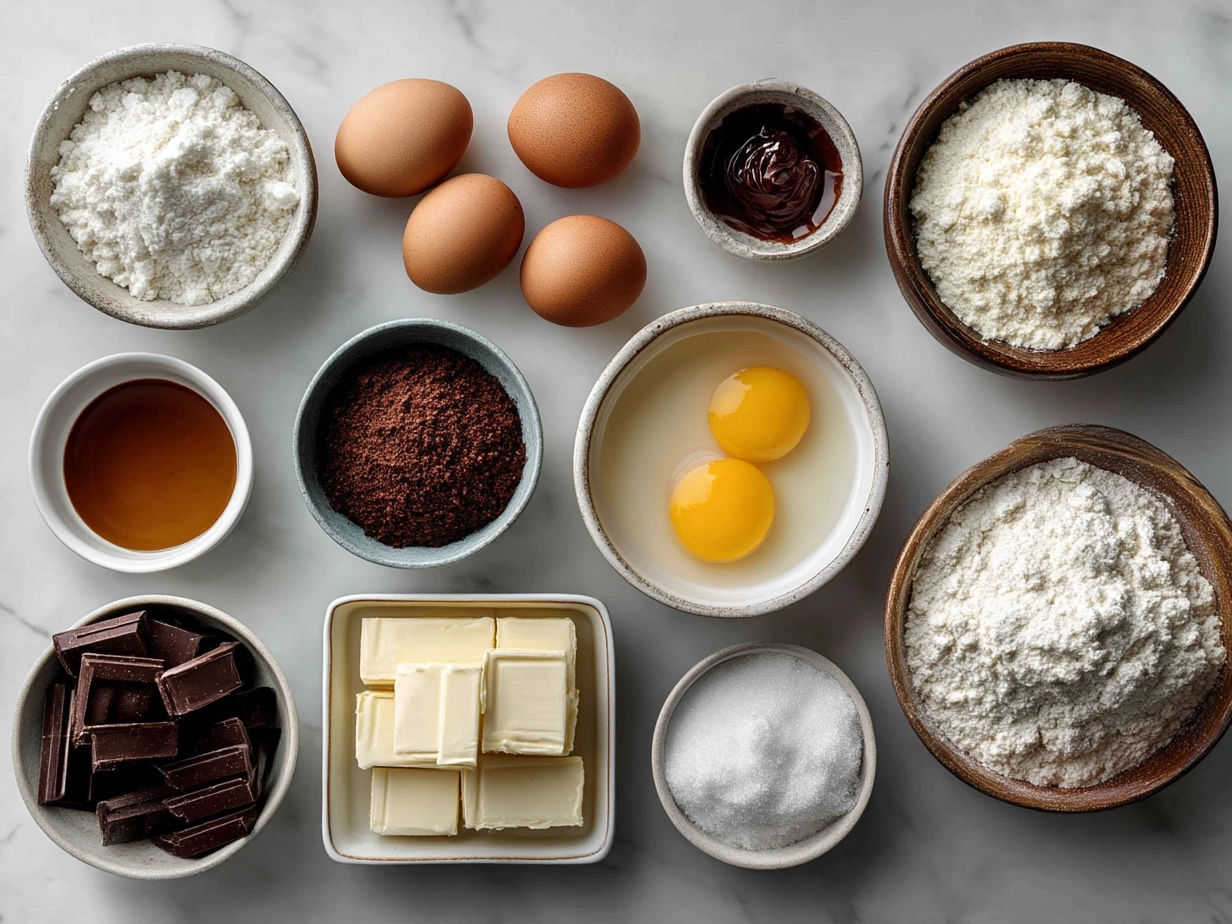 Top down view of raw ingredients for chocolate puff pastry including puff pastry sheet, chocolate pieces, egg, sugar, and sea salt