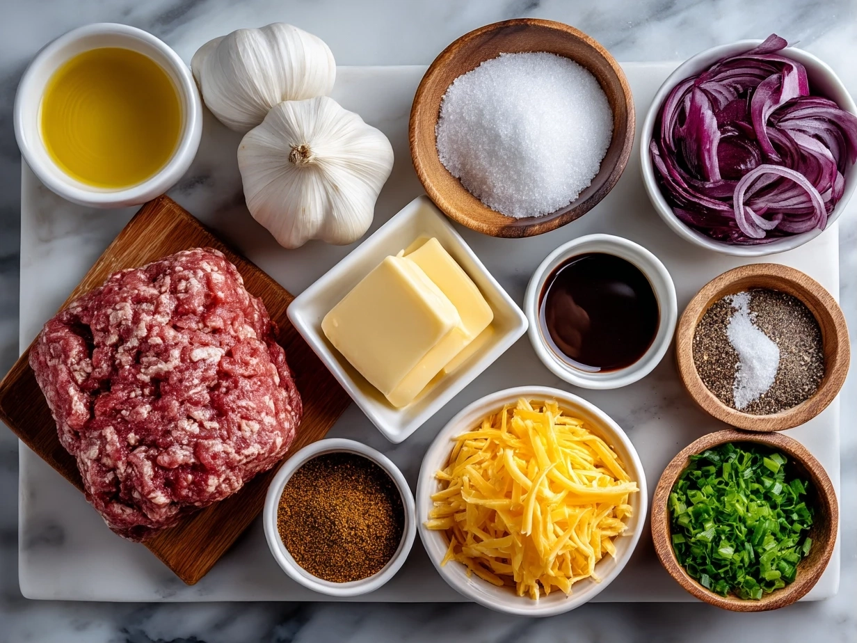 Top-down view of raw ingredients for Classic Meatloaf on a marble surface