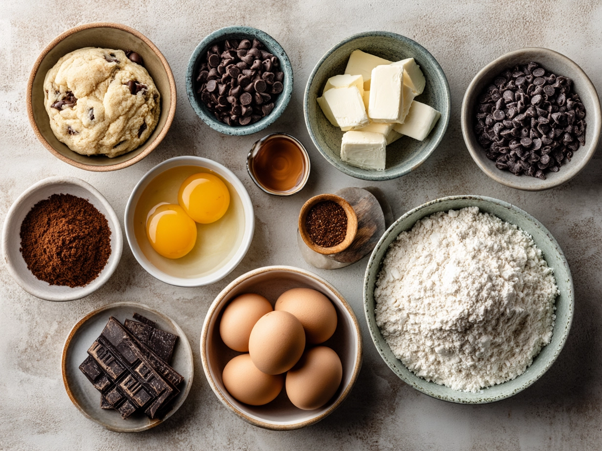 Top down view of raw ingredients for Cookies Cream Skillet Cookie including butter, chocolates, cream cheese, and flour