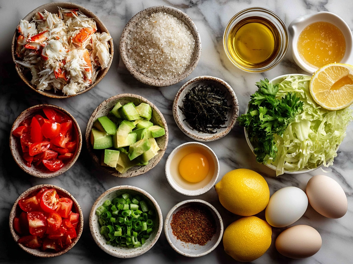 Fresh ingredients for crab salad arranged on a marble surface