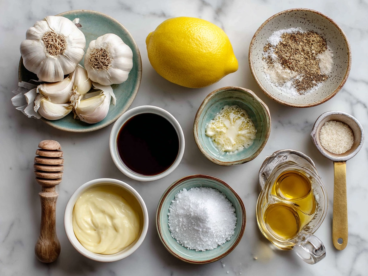 Top down view of raw ingredients for creamy roast garlic and lemon pasta sauce arranged on marble surface