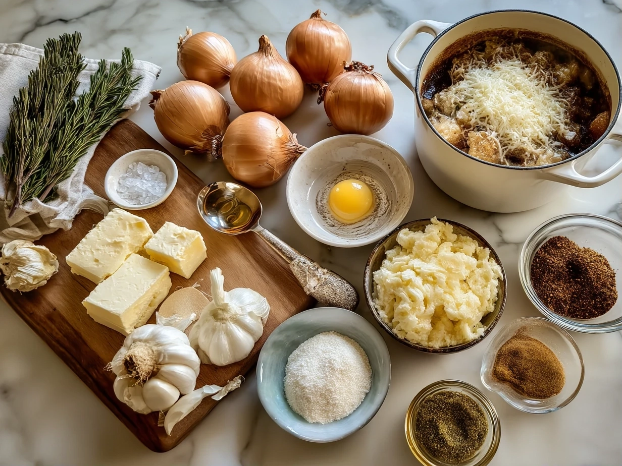 Top-down view of raw ingredients for Dutch Oven French Onion Soup including onions, butter, garlic, flour, broth, thyme, baguette, and Gruyere cheese