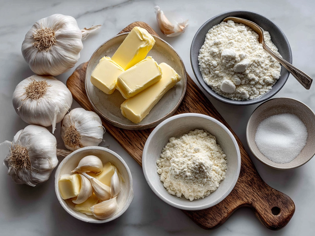 Top down raw ingredients for garlic butter dinner rolls including flour, eggs, butter, garlic cloves, and fresh parsley