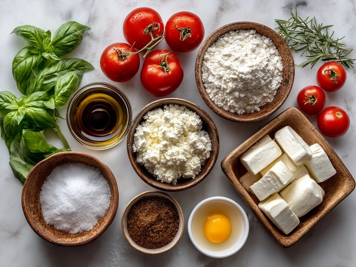 Top down view of raw ingredients for puff pastry Caprese on marble including tomatoes, fresh mozzarella, basil and puff pastry sheet
