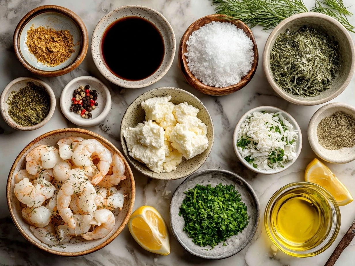 Raw ingredients laid out for Shrimp Scampi Nourish Bowl including shrimp, garlic, lemon, grains and greens