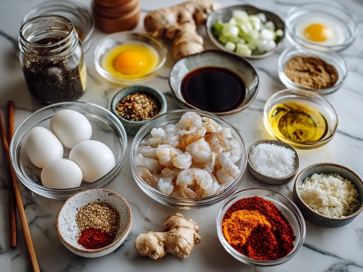 Top-down view of raw ingredients for Spicy Shrimp Sushi Stacks on a marble surface