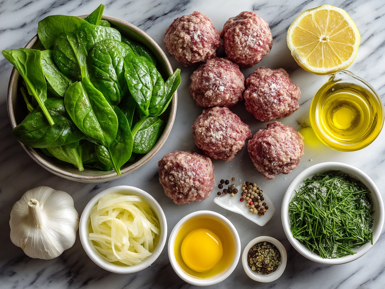 Fresh raw ingredients for Spinach Garlic Meatballs on a marble surface including spinach, garlic, ground meat, and herbs