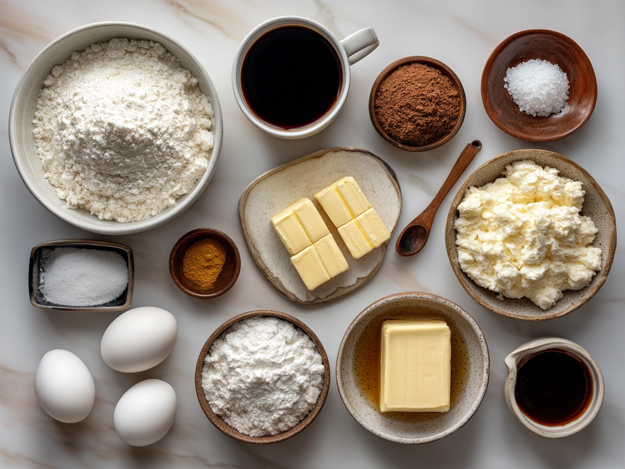 Top down raw ingredients for Turtle Poke Cake including caramel, pecans, chocolate chips, whipped cream, and cake mix