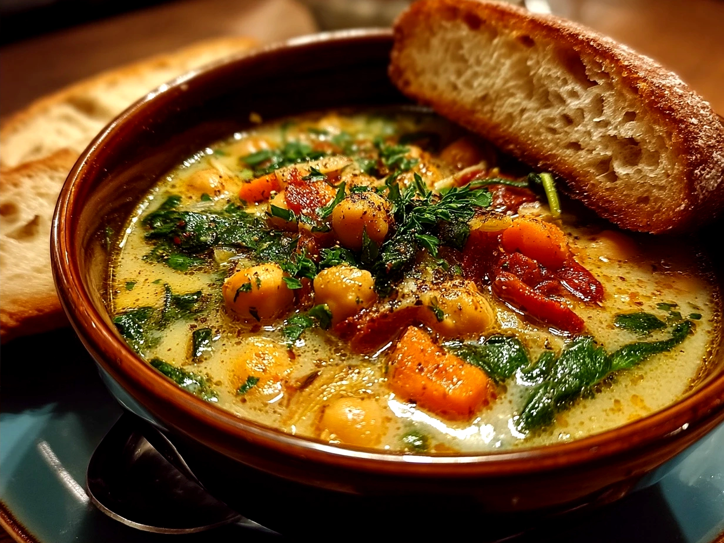 Bowl of Tuscan Chickpea Soup garnished with fresh parsley ready to serve