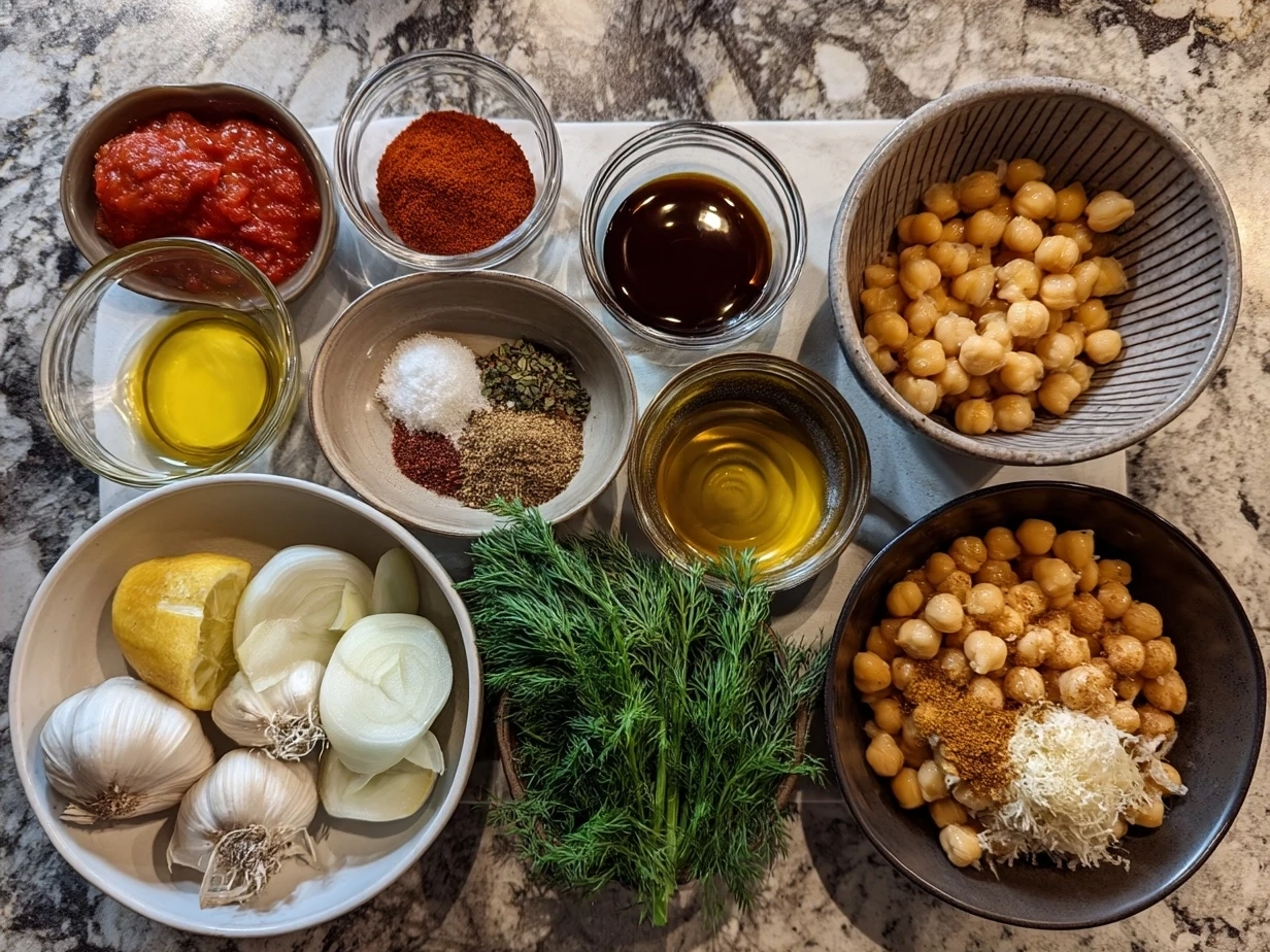 Fresh ingredients for Tuscan Chickpea Soup including garlic, chickpeas, and herbs