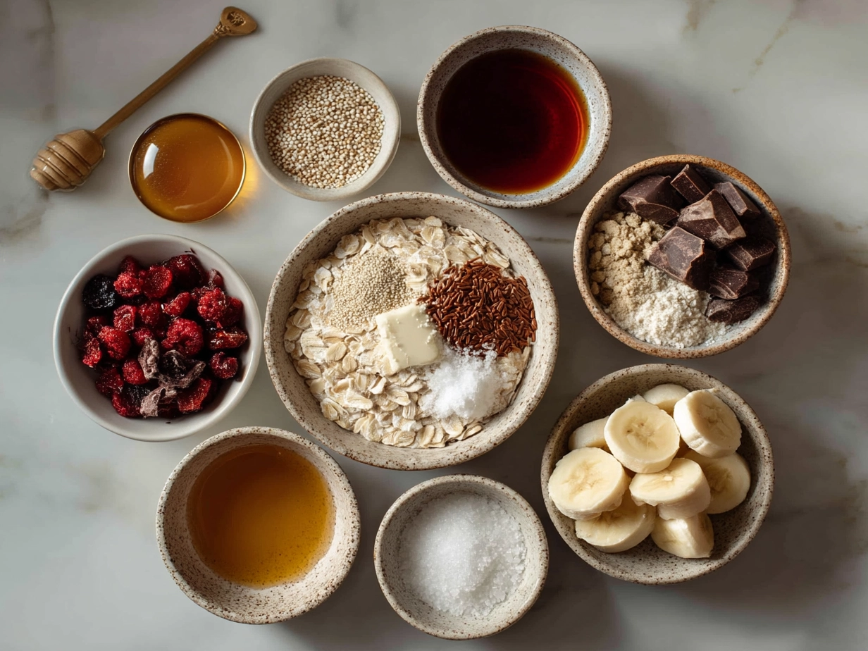 Ingredients for Valentine Cookies Oatmeal Bowl including rolled oats, plant-based milk, heart-shaped cookies, cinnamon, maple syrup, fresh fruit, and sea salt