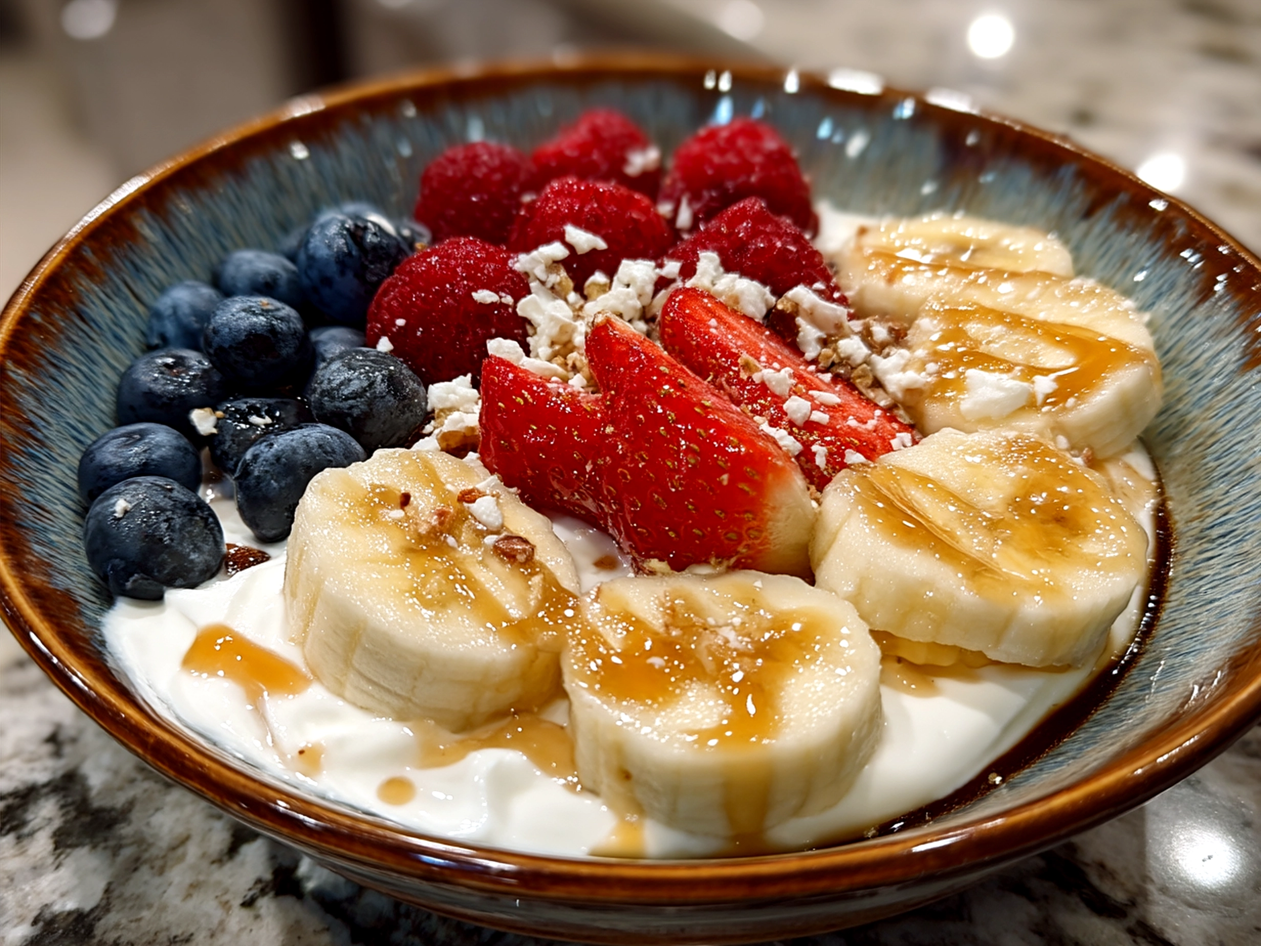 Valentine Treats Greek Yogurt Bowl served with fresh berries and heart-shaped fruit toppings
