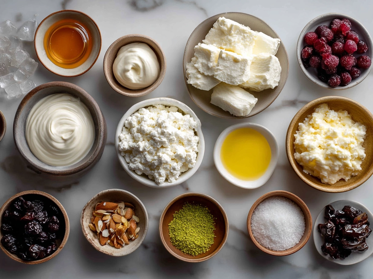 Ingredients for Valentine Treats Greek Yogurt Bowl including Greek yogurt, fresh berries, honey, granola, and heart-shaped fruit toppings